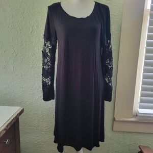 Spense Dress Women L Black Midi Long Sleeve Floral Embellished Round Neck Casual